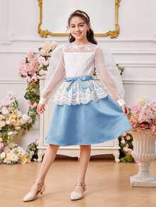 Tween Girl Round Neck Lantern Sleeve Mesh Embroidery Shirt With Detachable Belt & Skirt Set - Blue - View 5