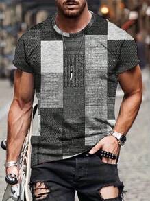 Manfinity Homme 男士夏季幾何圖案印花圓領短袖休閒T恤 - 彩色 - 查看 1