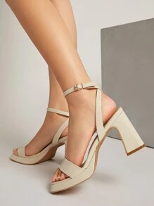 SHUZIA Sandalias de tacón alto para mujeres, sólidas en color, modernas y versátiles - Beis - Ver 4