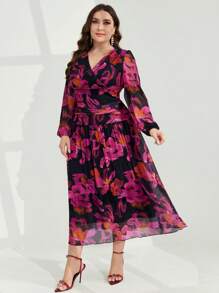 Modelyn Elegantes Kleid in großen Größen mit Ballonärmeln und floralem Allover-Muster mit geraffter Taille, Frühling/Sommer - Verschiedenfarbig - Übersicht 3