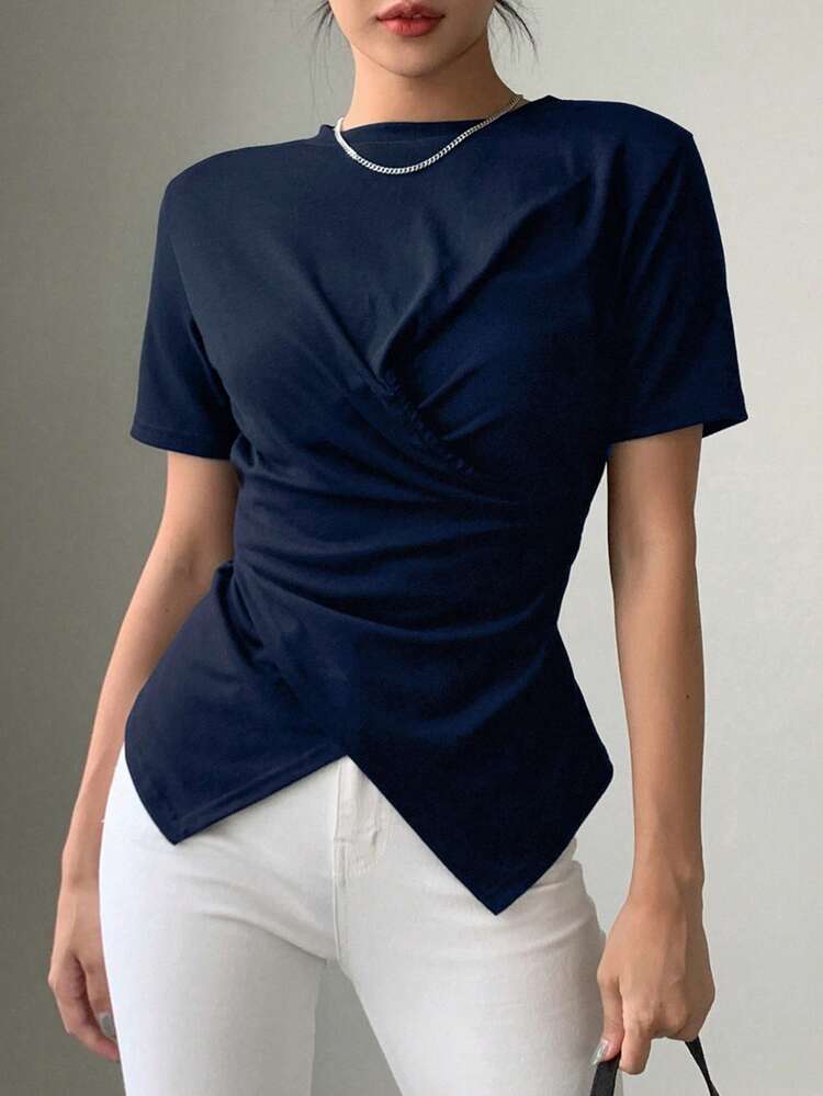 Summer Casual Solid Color Cross Wrap Short Sleeve T-Shirt