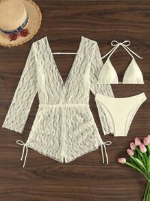 Swim Vcay Solid Color Halter Neck Summer Beach Bikini Set With Semi-Sheer V-Neck Jumpsuit