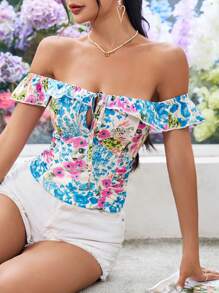 Breezaya Blusa Con Volantes Y Hombros Descubiertos Con Tirantes Estampados Y Pliegues En Ambos Lados Para Mujer