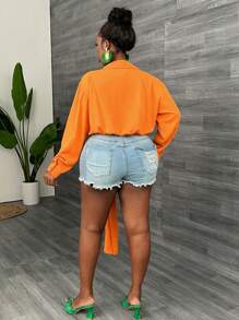 Slaydiva Plus Size Holiday & Elegant Commuting Sexy Plain Orange Deep V-Neck Pleated Belted Shirt, Spring/Summer-E - Orange - View 3
