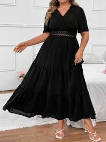 Celure Vestido de talla grande para mujer con mangas cortas y unicolor de moda - Negro - Ver 4