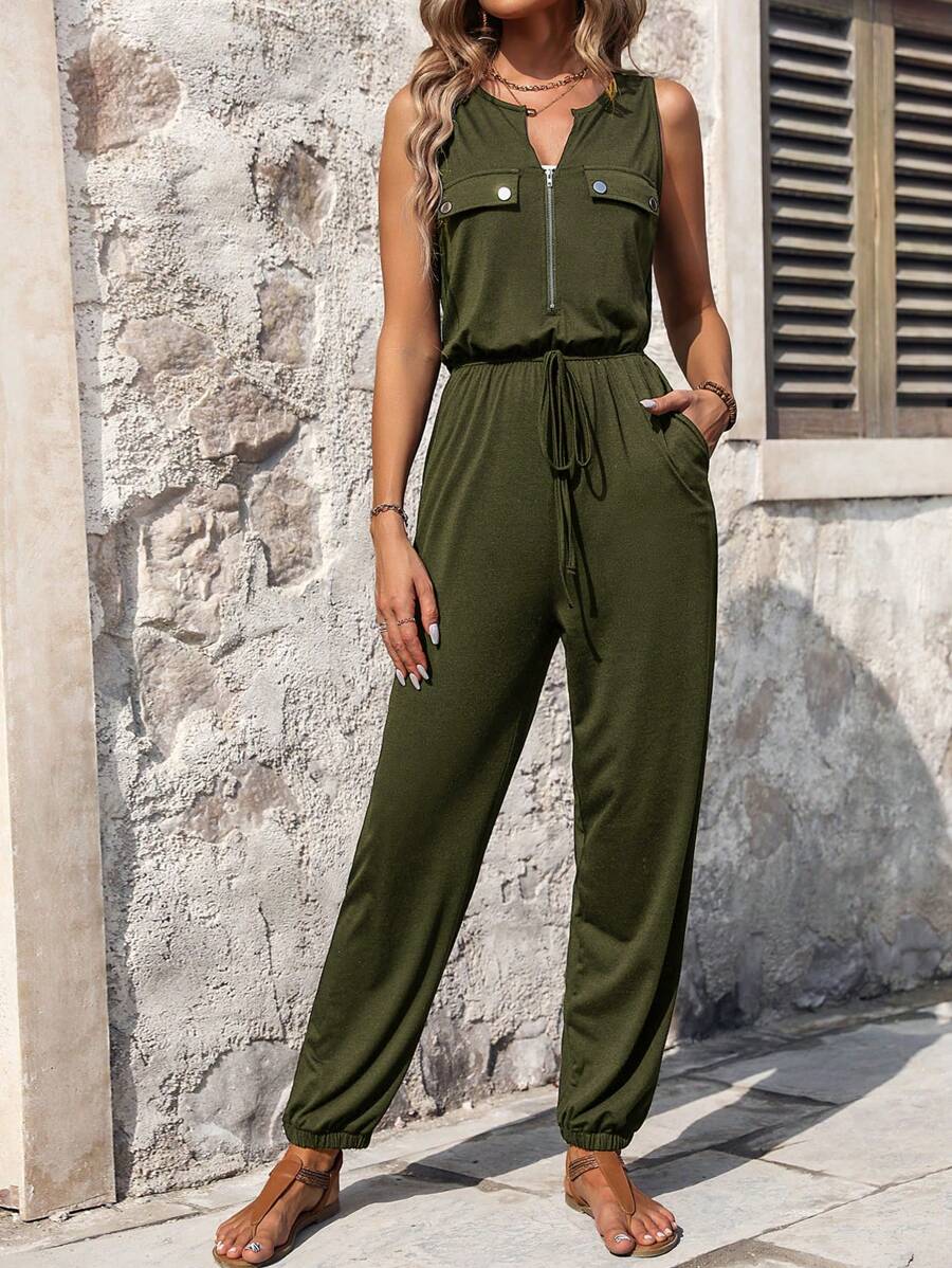 SHEIN LUNE Mono sin mangas de mujer, sencillo y unicolor, ideal para uso diario - Verde militar - Ver 1