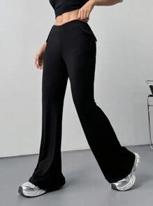SHEIN EZwear 女式修身黑色工装喇叭裤 - 黑色 - 查看 5