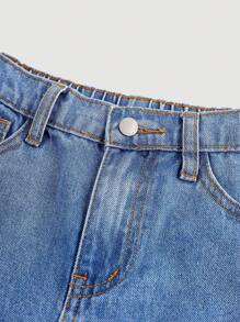 SHEIN Girlism Quần jean denim ống đứng rộng thùng thình rách kiểu Y2K dành cho bé gái tuổi teen, quần mùa hè. - Rửa nhẹ - Xem 4