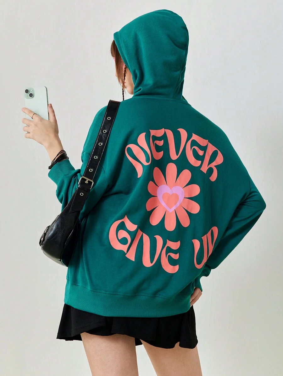 SHEINNeu Women's Casual Long Sleeve Floral Letter Print Green Loose Hoodie - Green - View 1