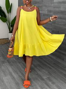 SHEIN CURVE+ Plus Size Casual Yellow Chain Strap A-Line Summer Dress Boho Vacation - Yellow - View 3