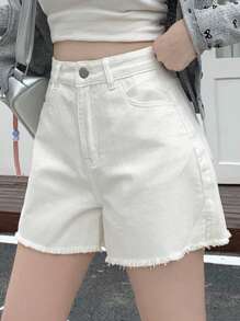 DAZY 女士口袋拼接毛邊休閒牛仔短褲 - 白色 - 查看 4