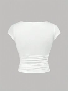 SHEIN Girlism 少女2件套實色短袖針織T恤，大U領口及褶飾 - 黑與白 - 查看 4