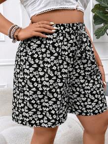 SHEIN VCAY Quần short màu đen thông thường dành cho kỳ nghỉ có kích thước lớn với hoa nhỏ Ditsy - Đen và trắng - Xem 4