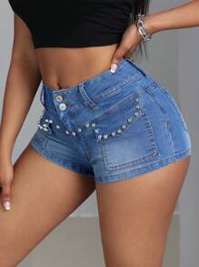 SHEIN SXY 女士串珠裝飾修身牛仔短褲 - 藍色 - 查看 4