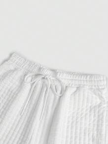 SHEIN EZwear Ladies' Fashionable Street-Style Knitted Texture Plaid Fabric Shirt And Shorts Set, Suitable For Spring And Summer - White - View 8