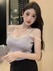 DAZY Áo yếm không tay viền ren màu khối Slim Fit dành cho nữ - Bụi tím - Xem 6