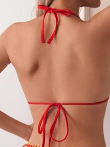 SHEIN Swim Women's Vacation Printed Halter Neck Tie Sexy Bikini Set With Brazilian Bottom(Random Print) Summer