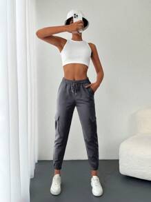 Cottnline Drawstring Waist Flap Pocket Side Cargo Sweatpants - Dark Grey - View 5