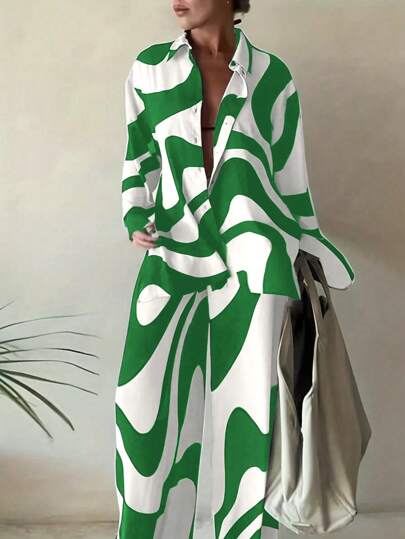 SHEIN LUNE Plus Size Long Sleeve Printed Shirt And Pants Two Piece Set Fall Cloth For Women