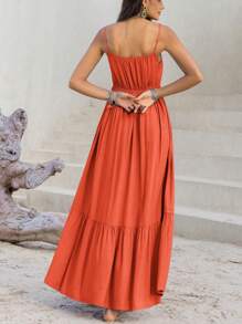 SHEIN Essnce Women's Orange Woven Neckline & Lace Splicing A-Line Casual Dress With Spaghetti Straps For Summer