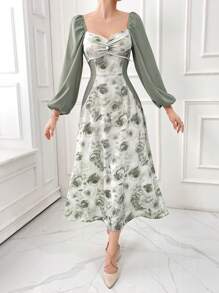 Modelyn 女士优雅拼色花卉印花灯笼袖收腰连衣裙，春夏长款晚礼服 - 彩色 - 查看 5