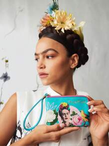Frida Kahlo X SHEIN Monedero con cremallera con estampado de caracteres y flores, regalo