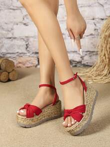 Fashionable Women Beach Sandals, Beaded Ankle Strap Wedge Heel Sandals - Red - View 5
