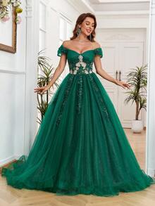 Quinceanera Dresses Long Ball Gown Plus Size Off Shoulder Sweet 15 Formal Prom Dress - Dark Green - View 3
