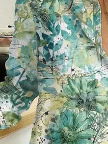 Camicia da vacanza con stampa floreale per la festa della mamma, camicetta casual con bottoni e maniche lunghe, per le donne - Verde - Visualizzare 3