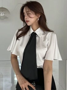 DAZY Camicetta in chiffon con fiocco al collo, di colore tinta unita, adatta per l'estate e l'ufficio, abbigliamento casual elegante per donne