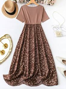 SHEIN LUNE Plus Size Round Neck Ditsy Floral Summer Short Sleeve Dress Maxi Women Outfit