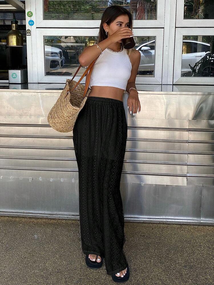 Women's Solid Color Elastic Waist Casual Vacation Style Long Pants, Summer,Teacher Pants