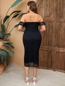 SHEIN Privé Elegant gestyltes Plus-Size-Bodycon-Kleid in Schwarz mit modischer Spitze und gerafften Details, Hochzeitsgastkleid