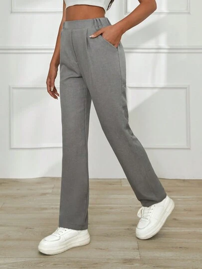 EURMUSE Women Grey Linen Pants With Elastic Waist Detail 200