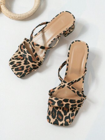 Women's Leopard Print High Heel Sandals, Peep Toe Chunky Heel Slingback Elegant Mule Style Faux Suede Brown Shoes With Straps