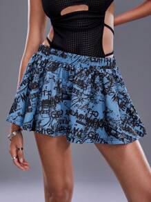 Studio Mila Sanchez Artist Y2K Casual Printed Loose Fashionable Women Skirt, Holiday, Party, Festival, Western Wear - Blue - View 2