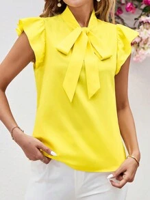 SHEIN Clasi Women's Summer Elegant Bowknot Strap Flutter Sleeve Yellow Blouse,Sleeveless Tops - Yellow - View 5