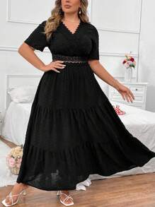 Celure Vestido de talla grande para mujer con mangas cortas y unicolor de moda - Negro - Ver 3