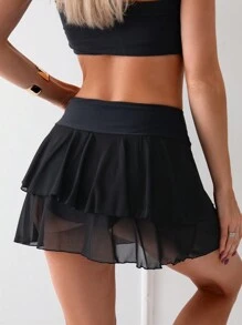 SHEIN Swim Ladies' Solid Color Bikini Bottom With Ruffle Trim For Beach Pool Parties Summer - Black - View 7