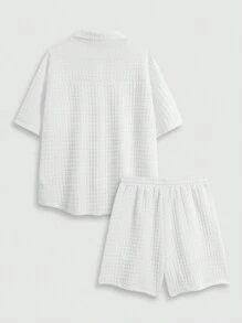 SHEIN EZwear Ladies' Fashionable Street-Style Knitted Texture Plaid Fabric Shirt And Shorts Set, Suitable For Spring And Summer - White - View 3