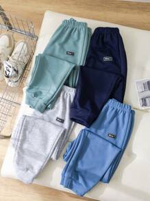 Tween Boy Set Of 4 Casual Loose Fit Knit Solid Color Sweatpants With Patch, 1pc/Color, School, Campus, College - Multicolor - View 10
