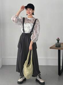 FRIFUL Women Fashion Flower Print Mid Sleeve Shirt Sheer - White - View 4