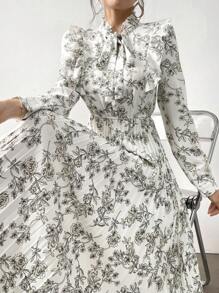 Mulvari Women's Spring/Summer Floral Print Ruffle Hem Belted Long Sleeve Pleated Hem Elegant Dress Maxi Women Outfit