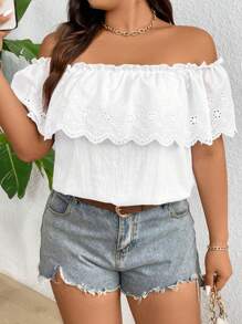 SHEIN Holidaya Plus Size Boho Women's Summer Off Shoulder Floral Splice Solid Color Minimalist Sexy Short Sleeve Blouse Loose Top