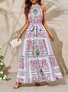 SHEIN Clasi Damskie sukienki plażowe w stylu vintage z odkrytymi ramionami Clasi - Wielokolorowe - Zobacz 4