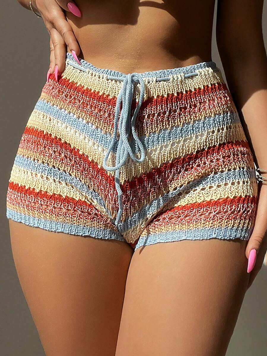 SHEIN Swim Women's Knitted Colorful Simple Everyday Cover Up,Summer Beach - Multicolor - View 1