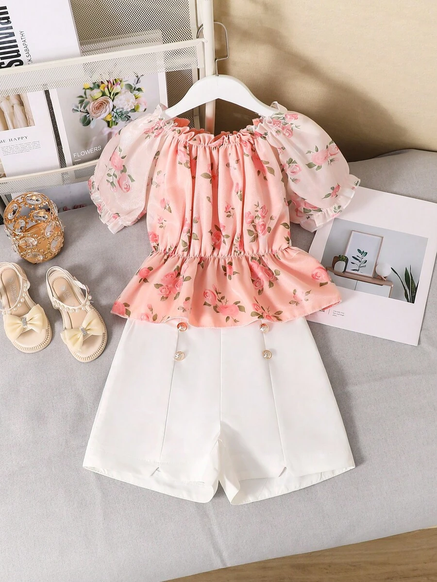 Tween Girl Digital Allover Print Full Floral Pattern Vacation Style White Top And Pants Set, 2pcs