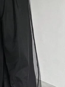 FRIFUL 女士純色彈性腰寬鬆網眼插片灰運動長褲 - 黑色 - 查看 5