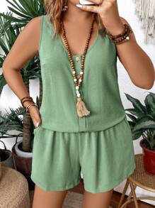 Breezaya Plus Size Women's Fashionable Solid Color Top And Shorts Two-Piece Set For Summer