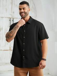 EASEVO 男士大碼編織休閒短袖襯衫 - 黑色 - 查看 6